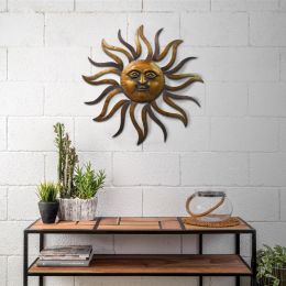 DunaWest 35 Inch Round Wall Mounted Sun Face Accent Decor; Carved Rustic Gold and Black Metal