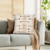 18 x 18 Square Cotton Accent Throw Pillow; Trimmed Shaggy Fringe Accents; Beige; Black; DunaWest