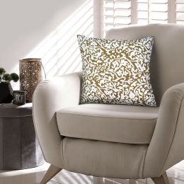 18 x 18 Handcrafted Cotton Square Accent Throw Pillow; Elegant Filigree Pattern; White and Gold; DunaWest