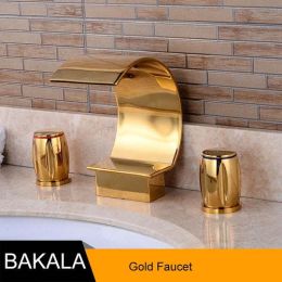 BAKALA Luxury Brass wall mounted waterfall bathtub faucet for the (Color: Gold)