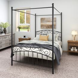 Metal Canopy Bed Frame with Ornate European Style Headboard & Footboard Perfectly Fits Your Mattress Easy DIY Assembly All Parts Included;  Full Black (size: Full)